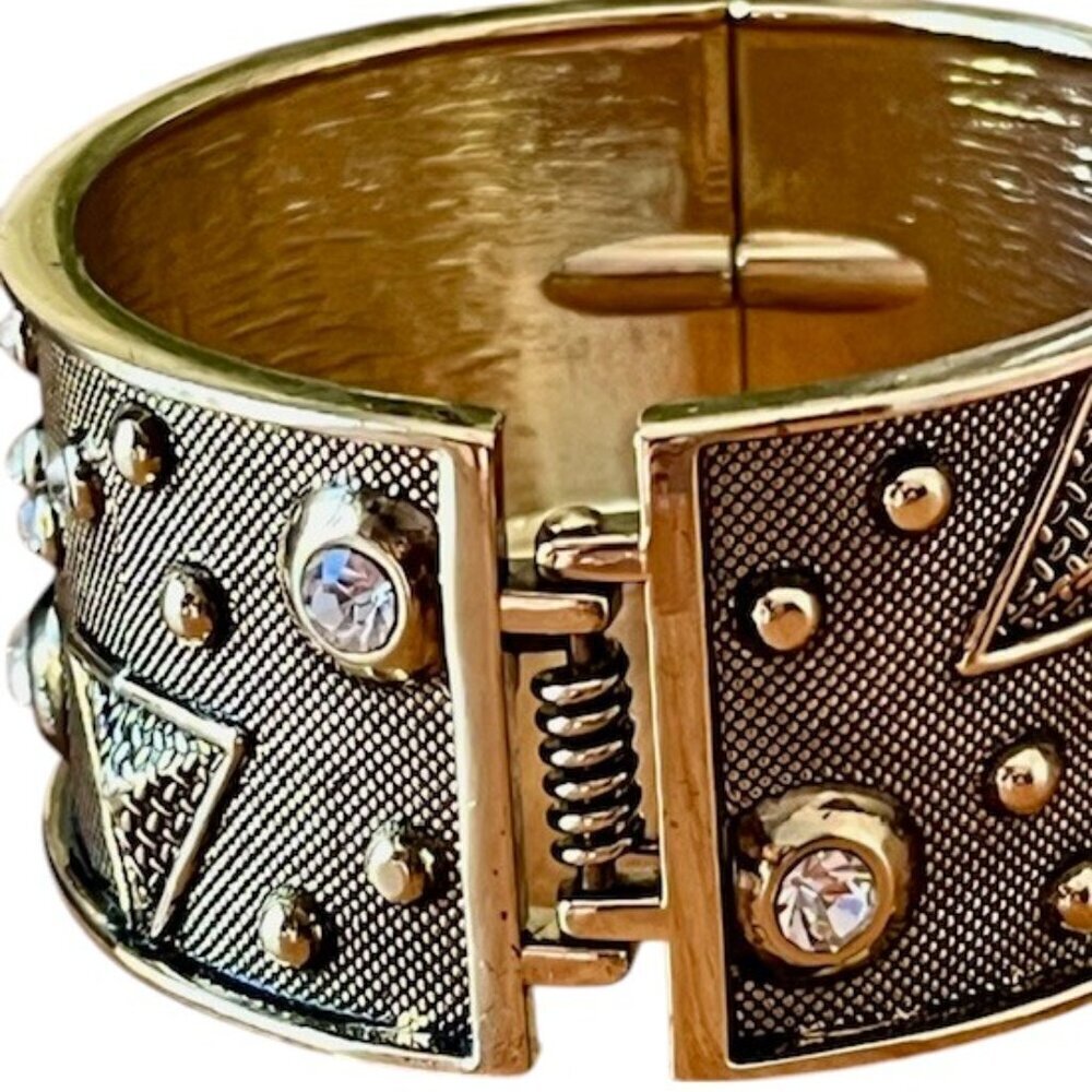 Gold Tone Cuff Rhinestone Geometric Pattern Spring Hinged Statement Bracelet - Picture 2 of 9